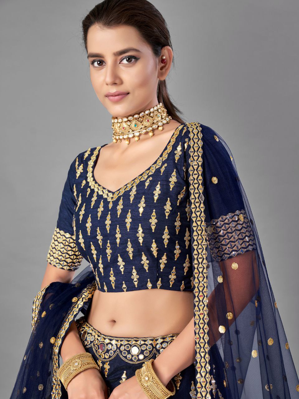 Navy Blue Banglori Silk Heavy Embroidered Lehenga Choli