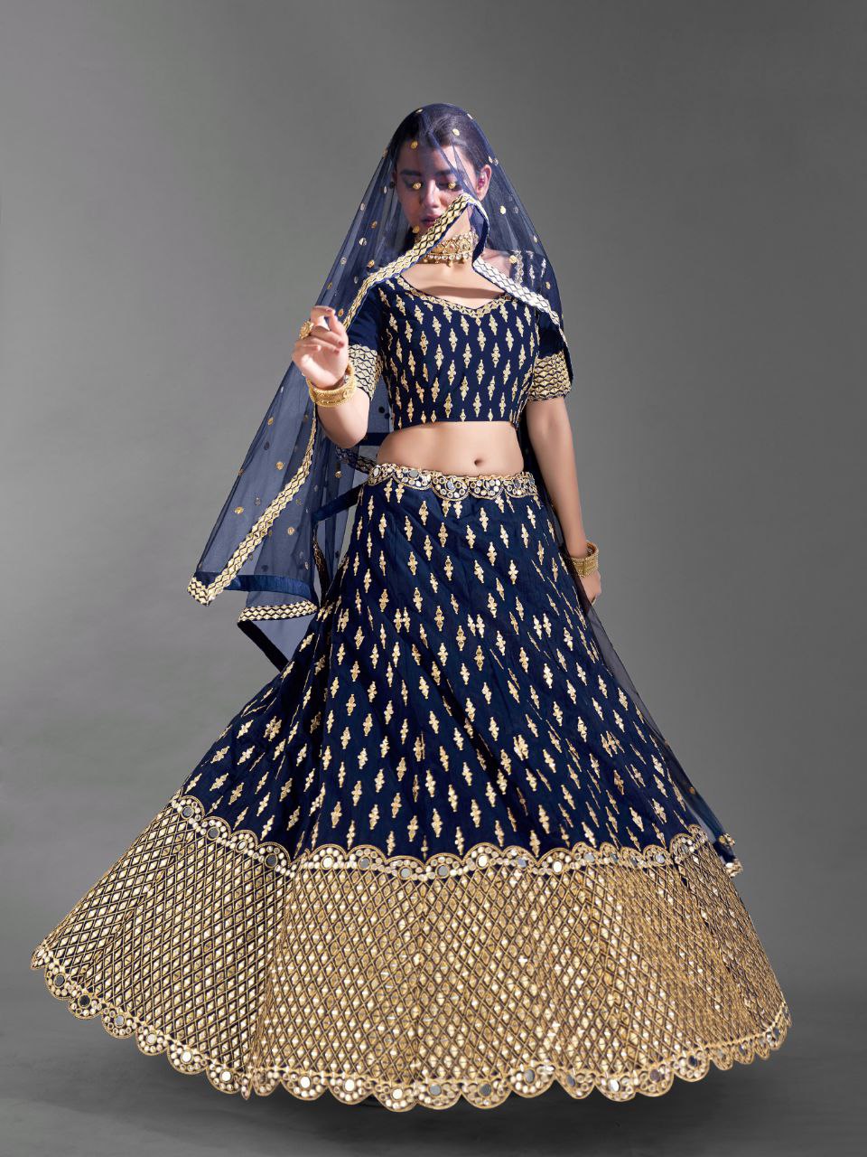 Navy Blue Banglori Silk Heavy Embroidered Lehenga Choli