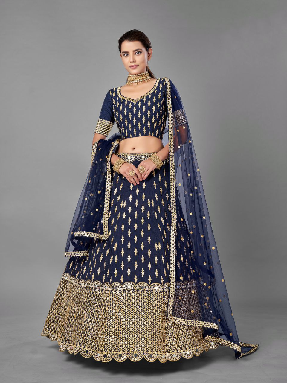 Navy Blue Banglori Silk Heavy Embroidered Lehenga Choli