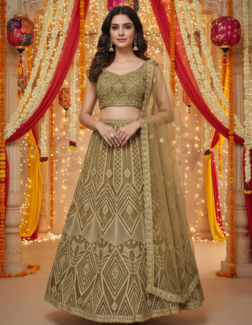 Royal Golden Sequins Embroidered Butterfly Net Lehenga Choli