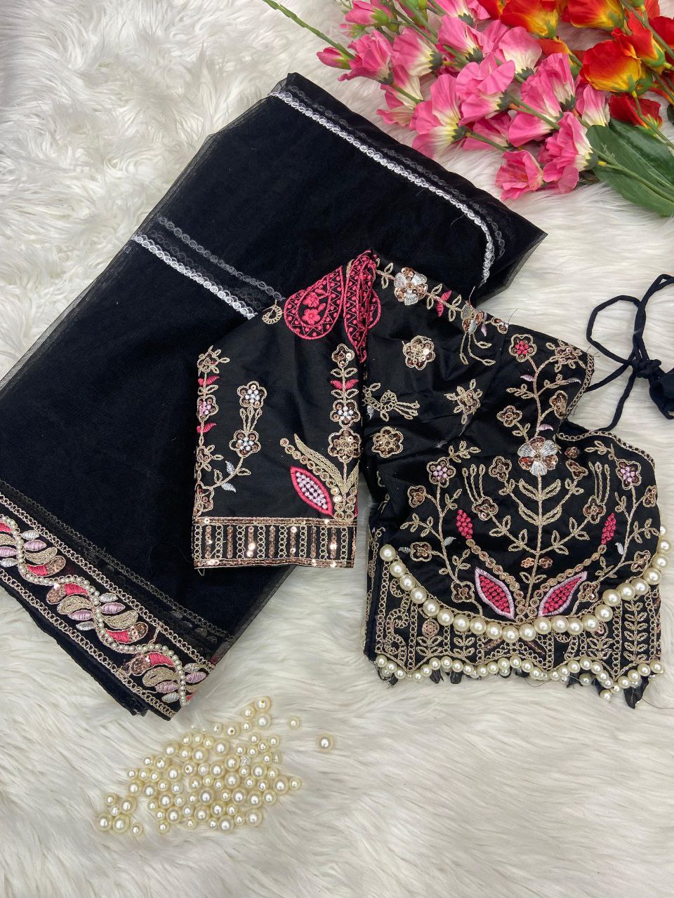 Sky Color Soft Net Saree With Heavy Pearl Work Blouse