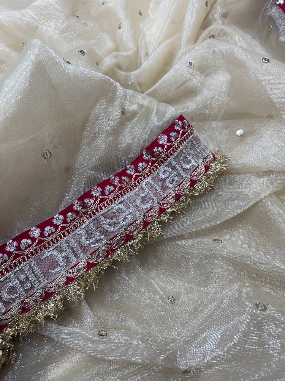 Function Wera Soft Twill Net Cream Saree With Red Work Blouse