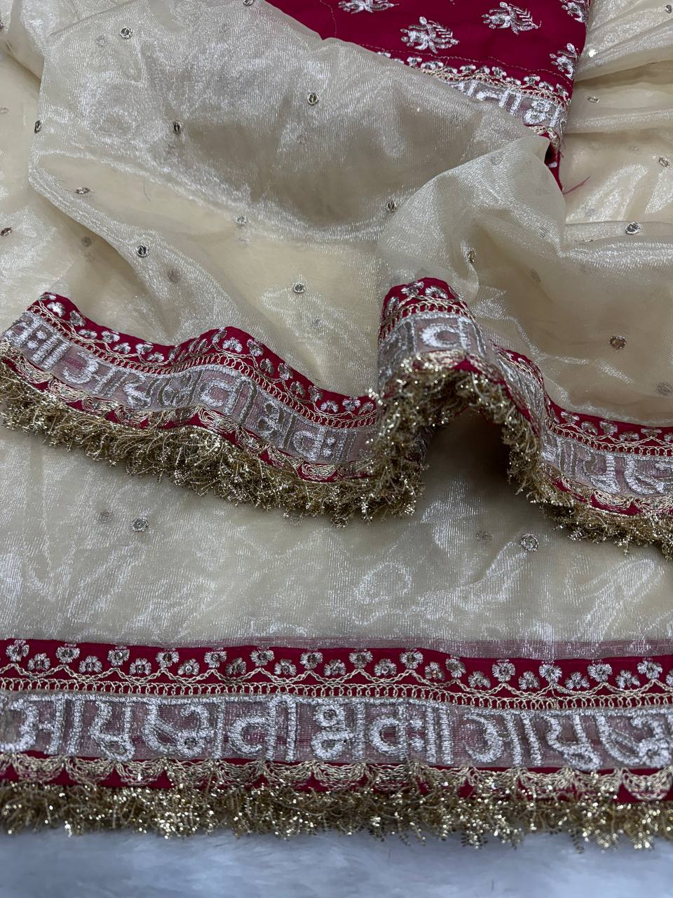 Function Wera Soft Twill Net Cream Saree With Red Work Blouse