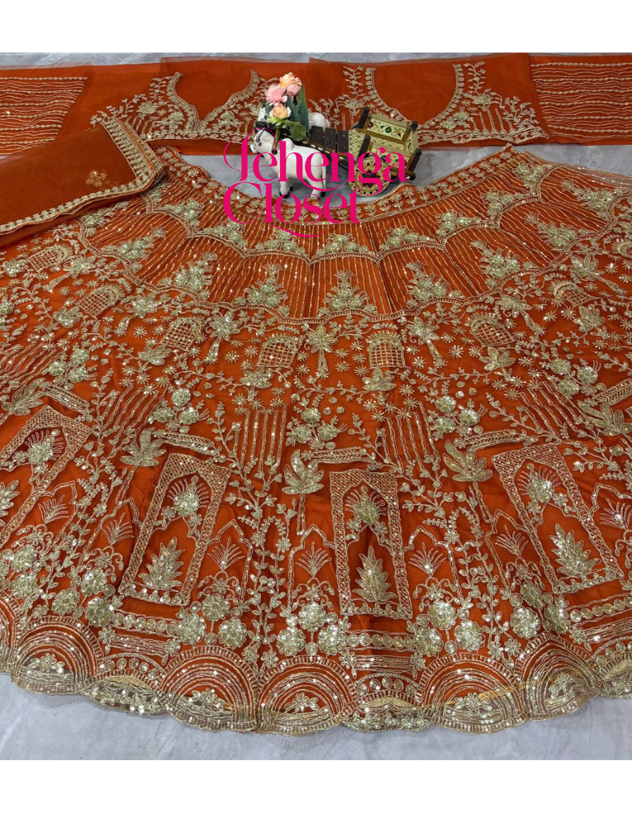 Orange Soft Net Sequence Dori Embroidered Lehenga Choli