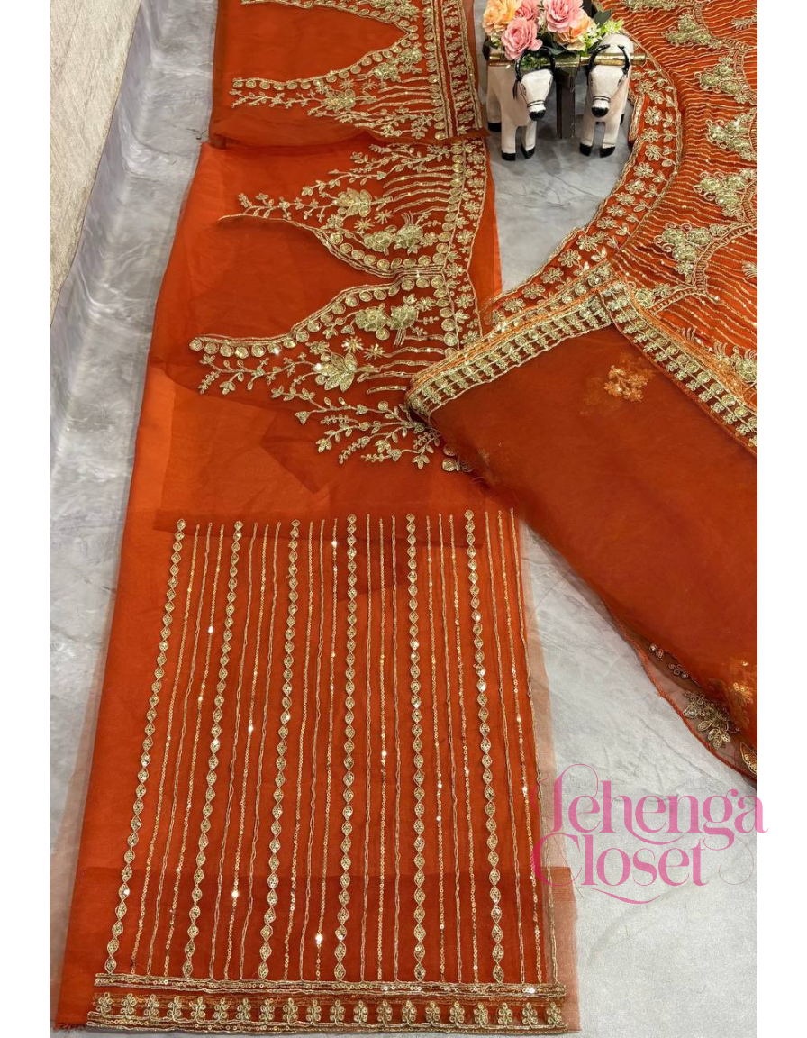 Orange Soft Net Sequence Dori Embroidered Lehenga Choli
