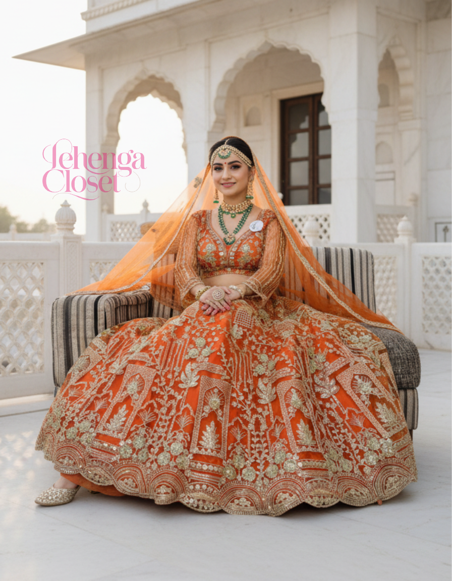 Orange Soft Net Sequence Dori Embroidered Lehenga Choli