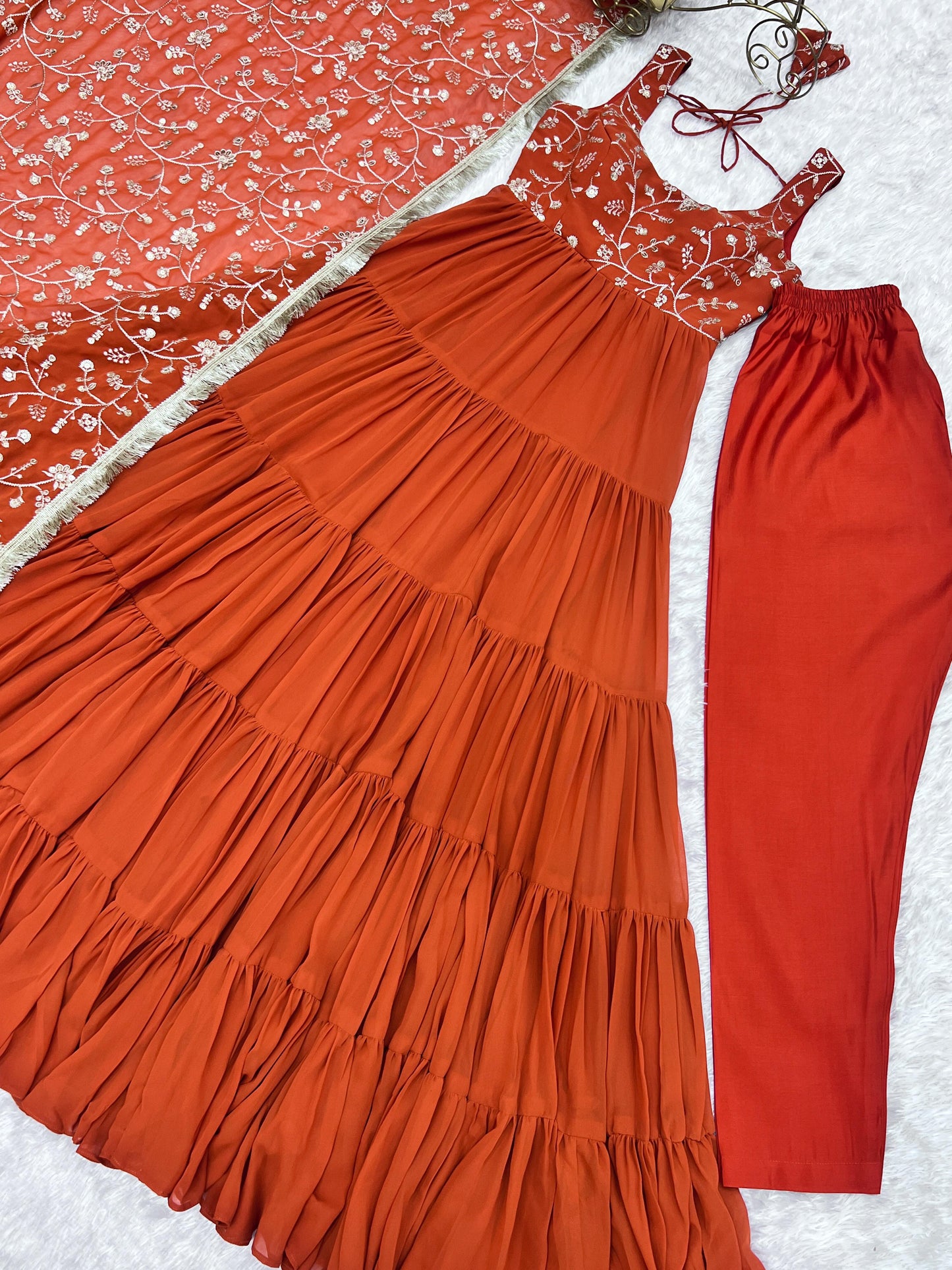 Brick Color Georgette 12.0 Mtr Flair Fully Stitched Gown Set