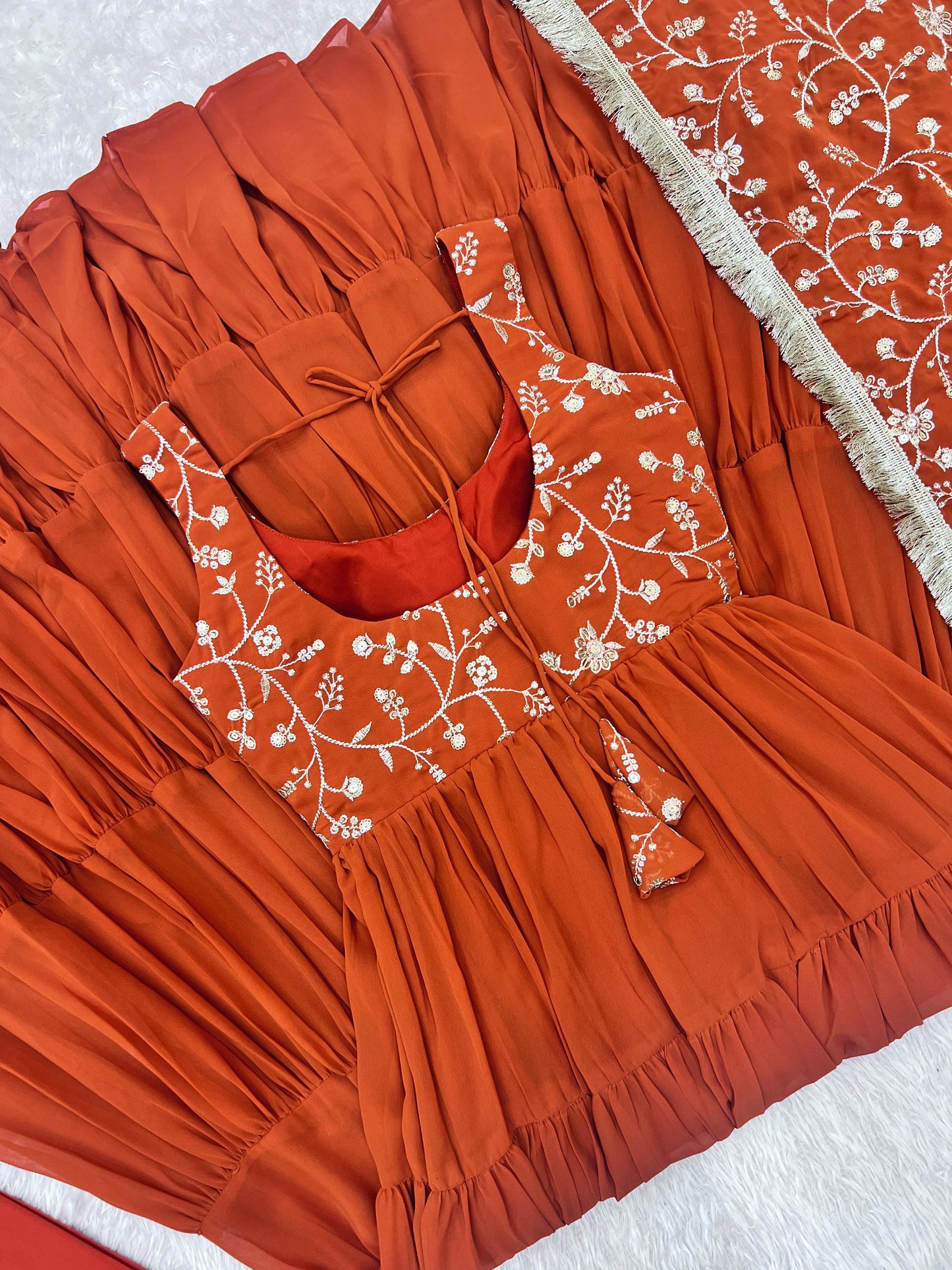 Brick Color Georgette 12.0 Mtr Flair Fully Stitched Gown Set