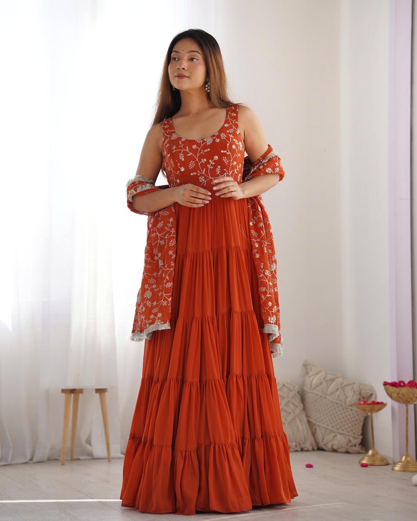 Brick Color Georgette 12.0 Mtr Flair Fully Stitched Gown Set
