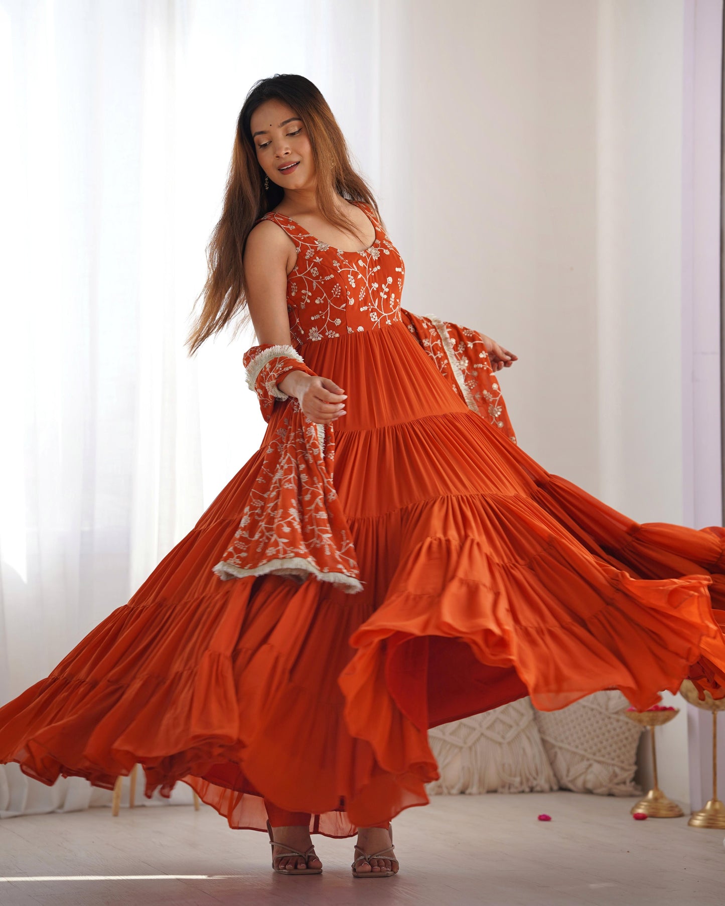 Brick Color Georgette 12.0 Mtr Flair Fully Stitched Gown Set