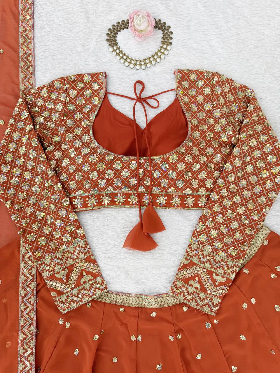 Burnt Orange Color Georgette Sequence Work Designer Lehenga Choli