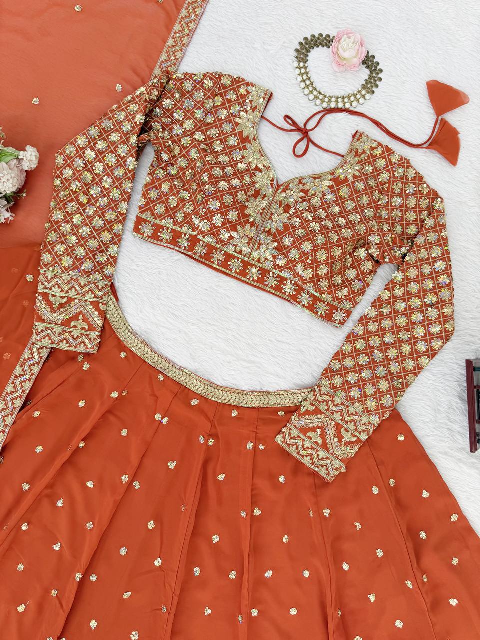 Burnt Orange Color Georgette Sequence Work Designer Lehenga Choli
