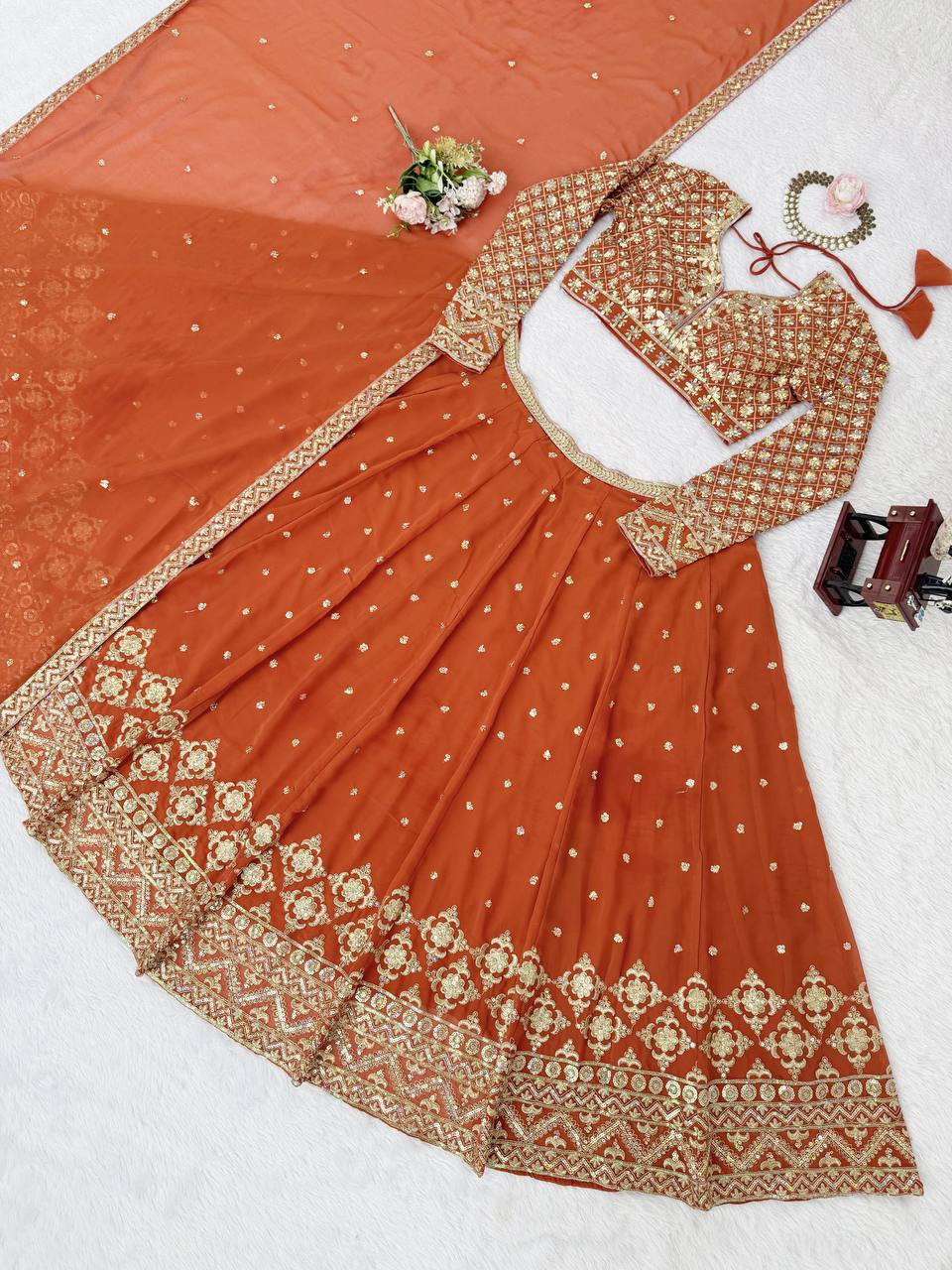 Burnt Orange Color Georgette Sequence Work Designer Lehenga Choli