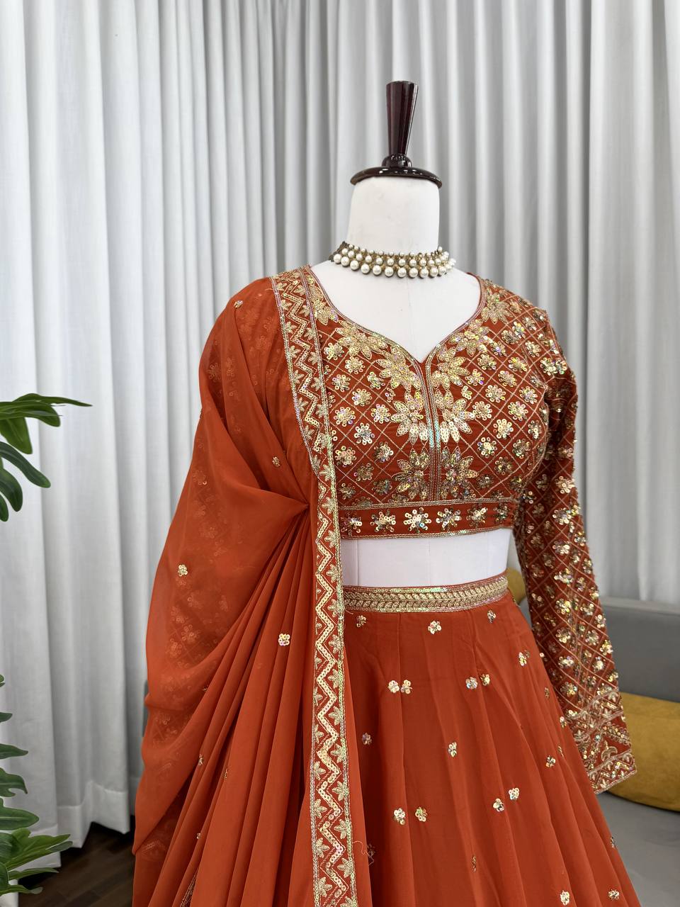 Burnt Orange Color Georgette Sequence Work Designer Lehenga Choli
