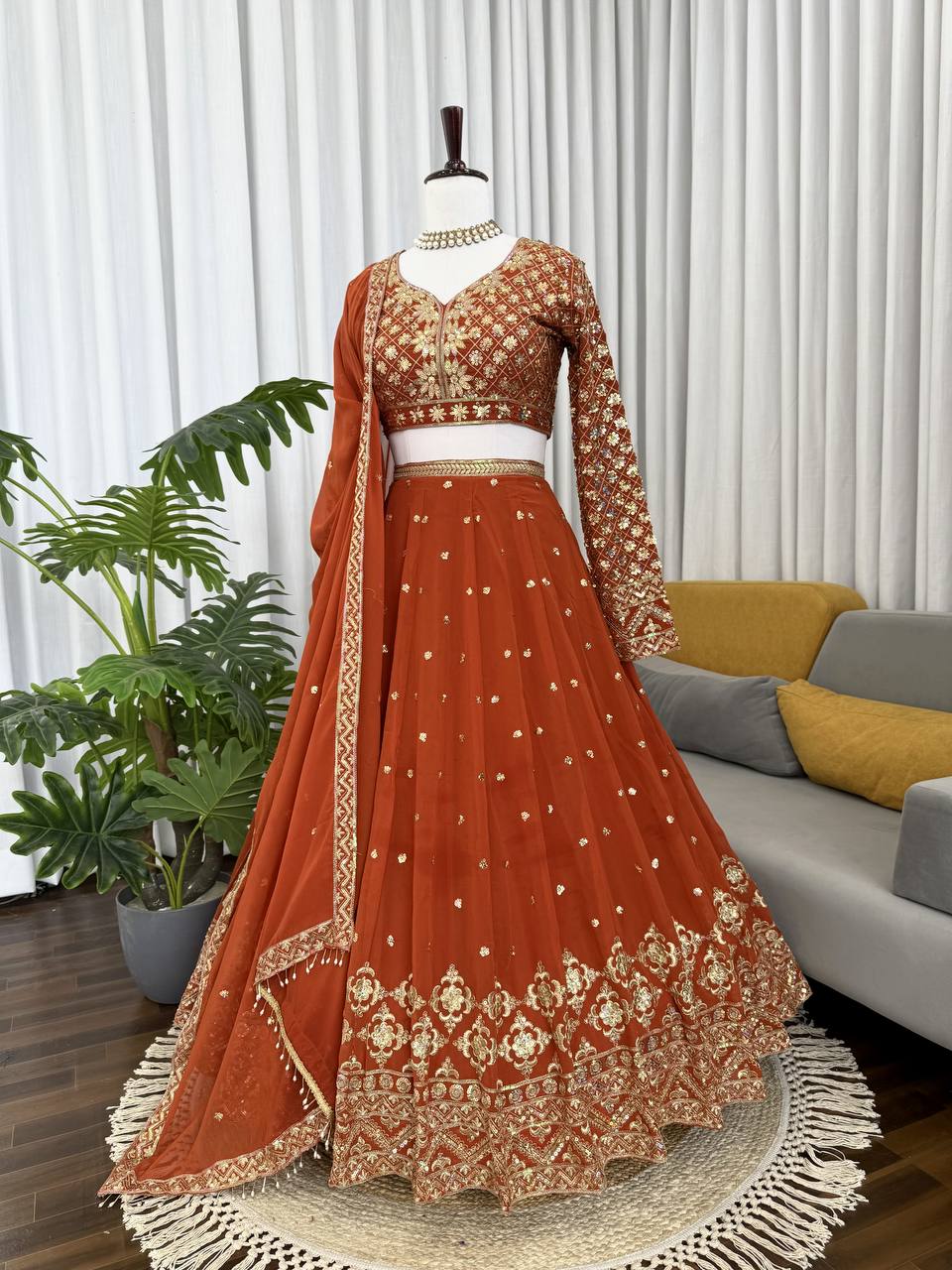 Burnt Orange Color Georgette Sequence Work Designer Lehenga Choli