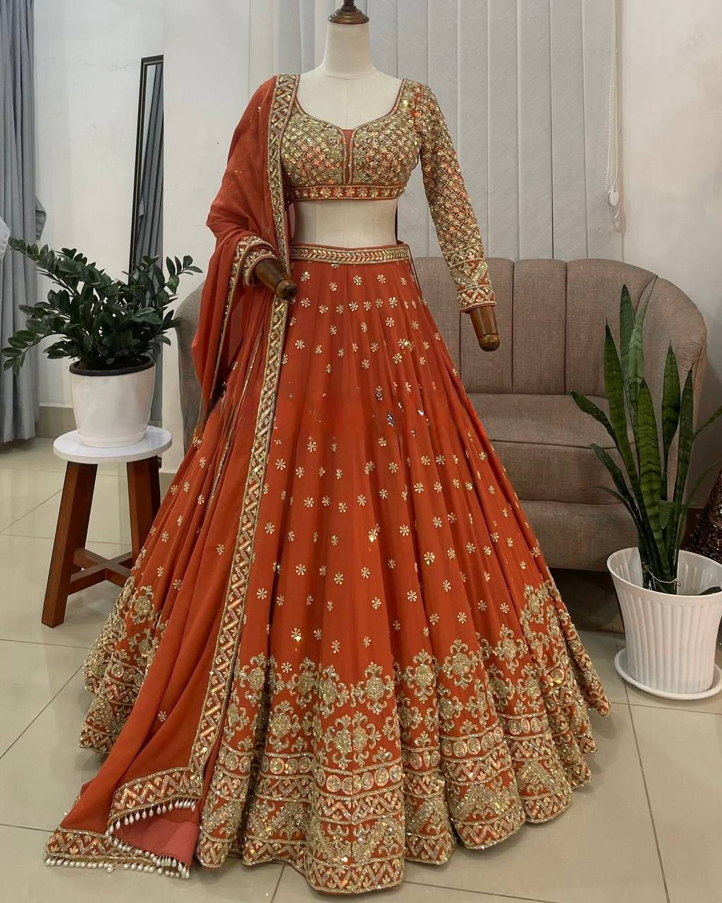 Burnt Orange Color Georgette Sequence Work Designer Lehenga Choli