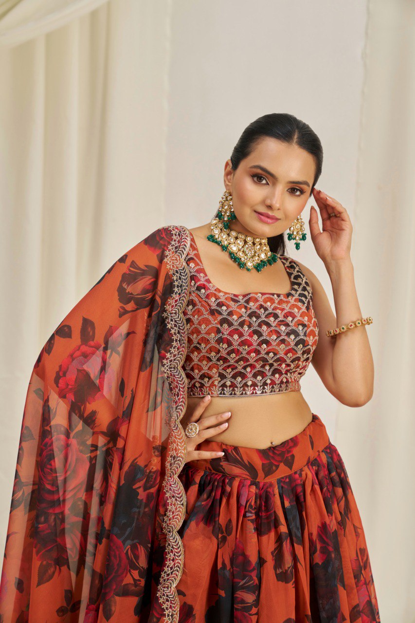 Orange Color Print & Embroidered Organza Silk Lehenga Choli