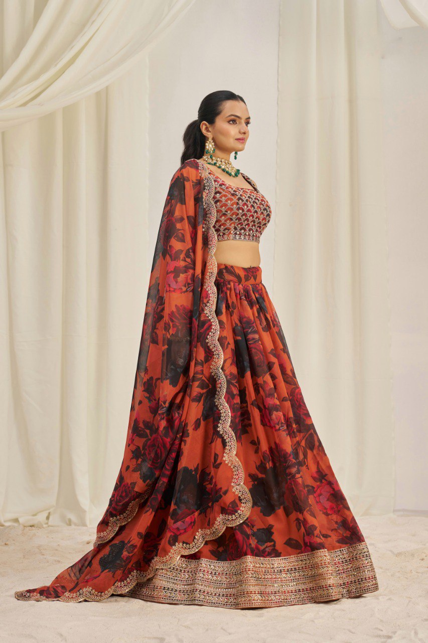 Orange Color Print & Embroidered Organza Silk Lehenga Choli