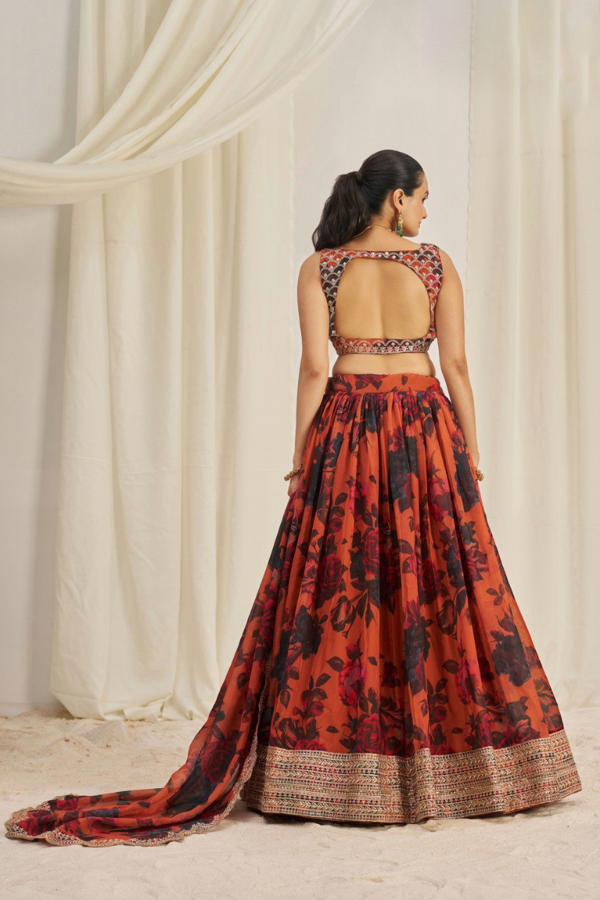Orange Color Print & Embroidered Organza Silk Lehenga Choli