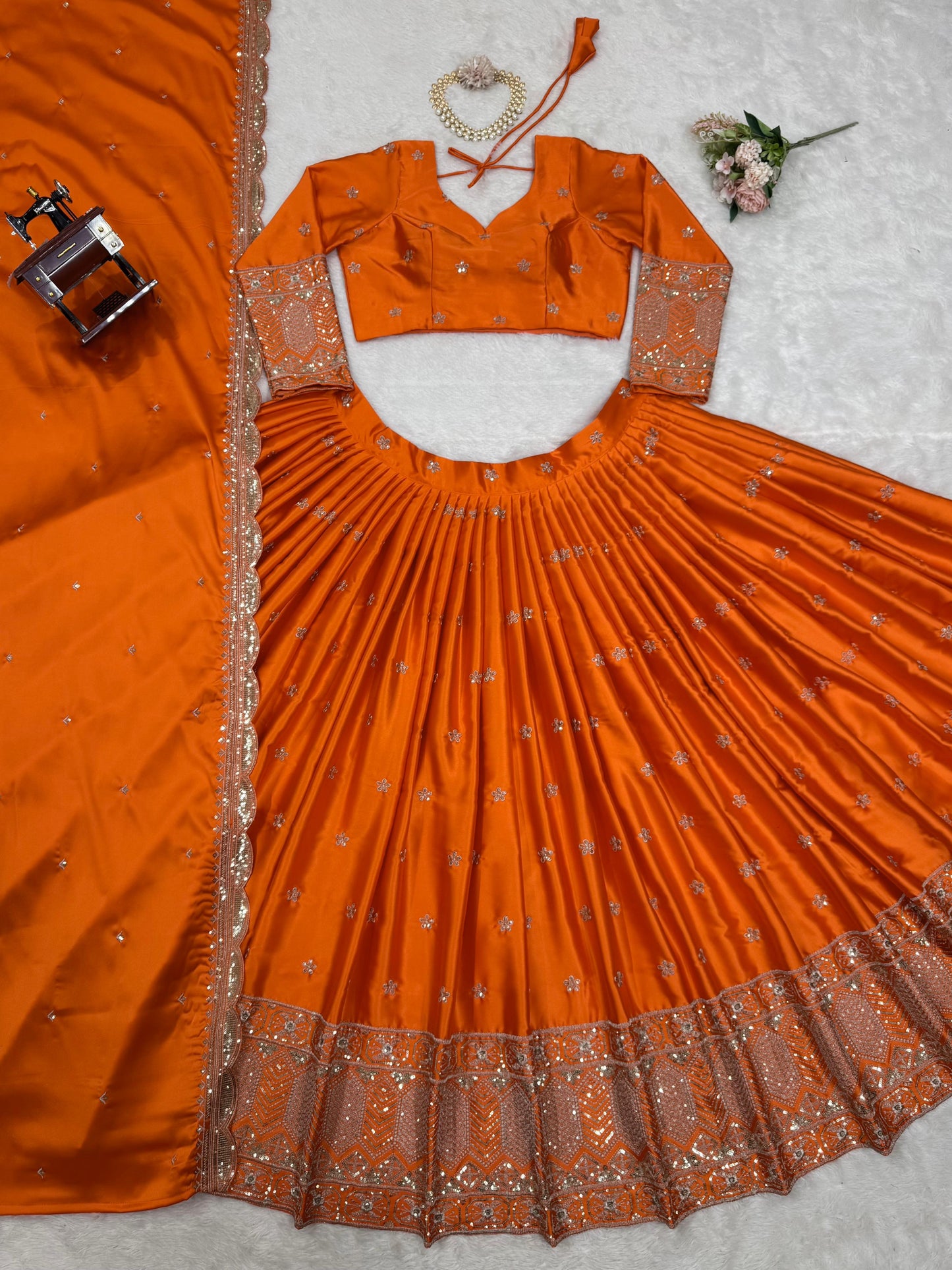 Orange Color Satin Silk Unique Designer Lehenga Choli