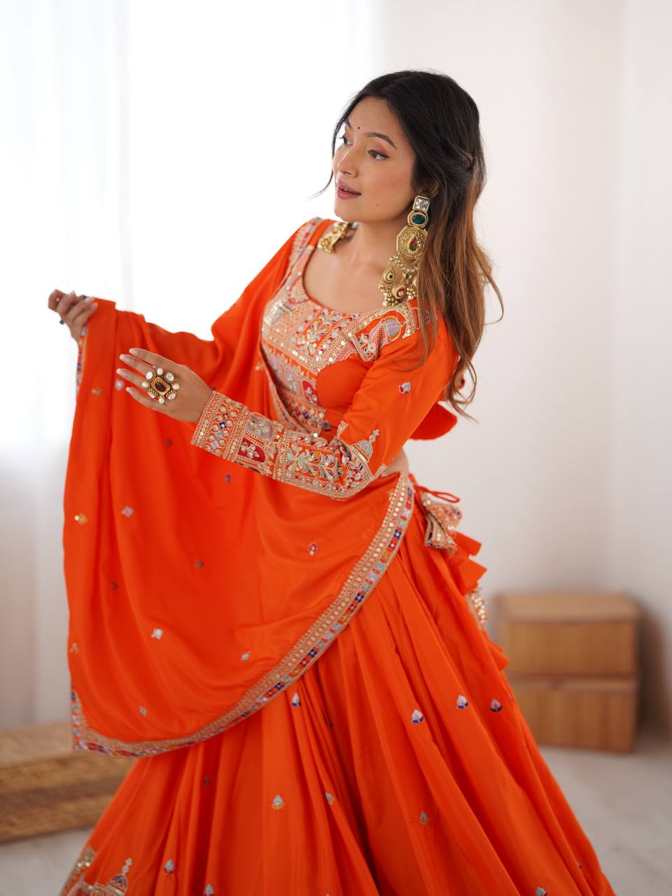 Orange Color Crep Silk Embroidered Semi Stitched Lehenga Choli