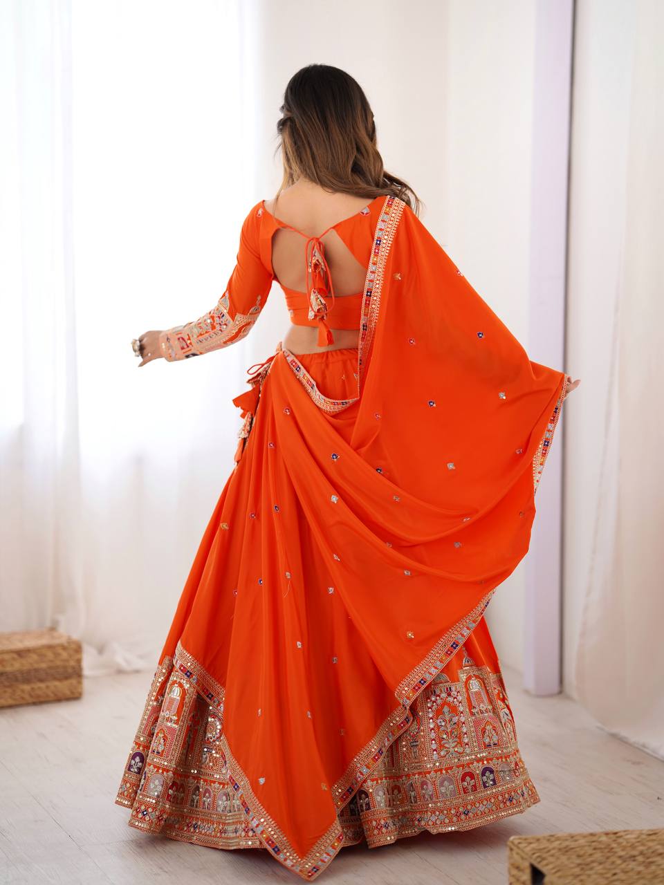 Orange Color Crep Silk Embroidered Semi Stitched Lehenga Choli