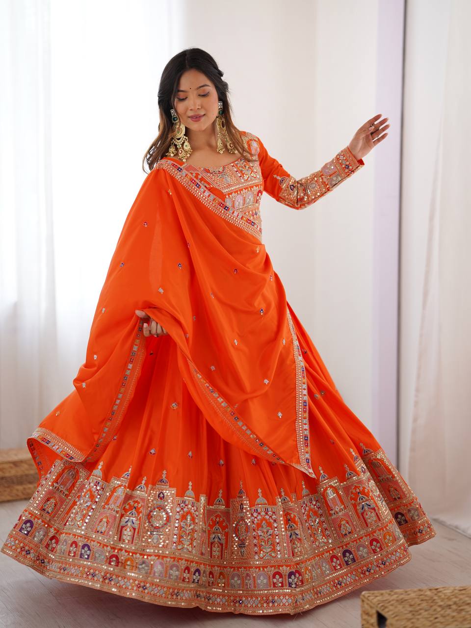Orange Color Crep Silk Embroidered Semi Stitched Lehenga Choli