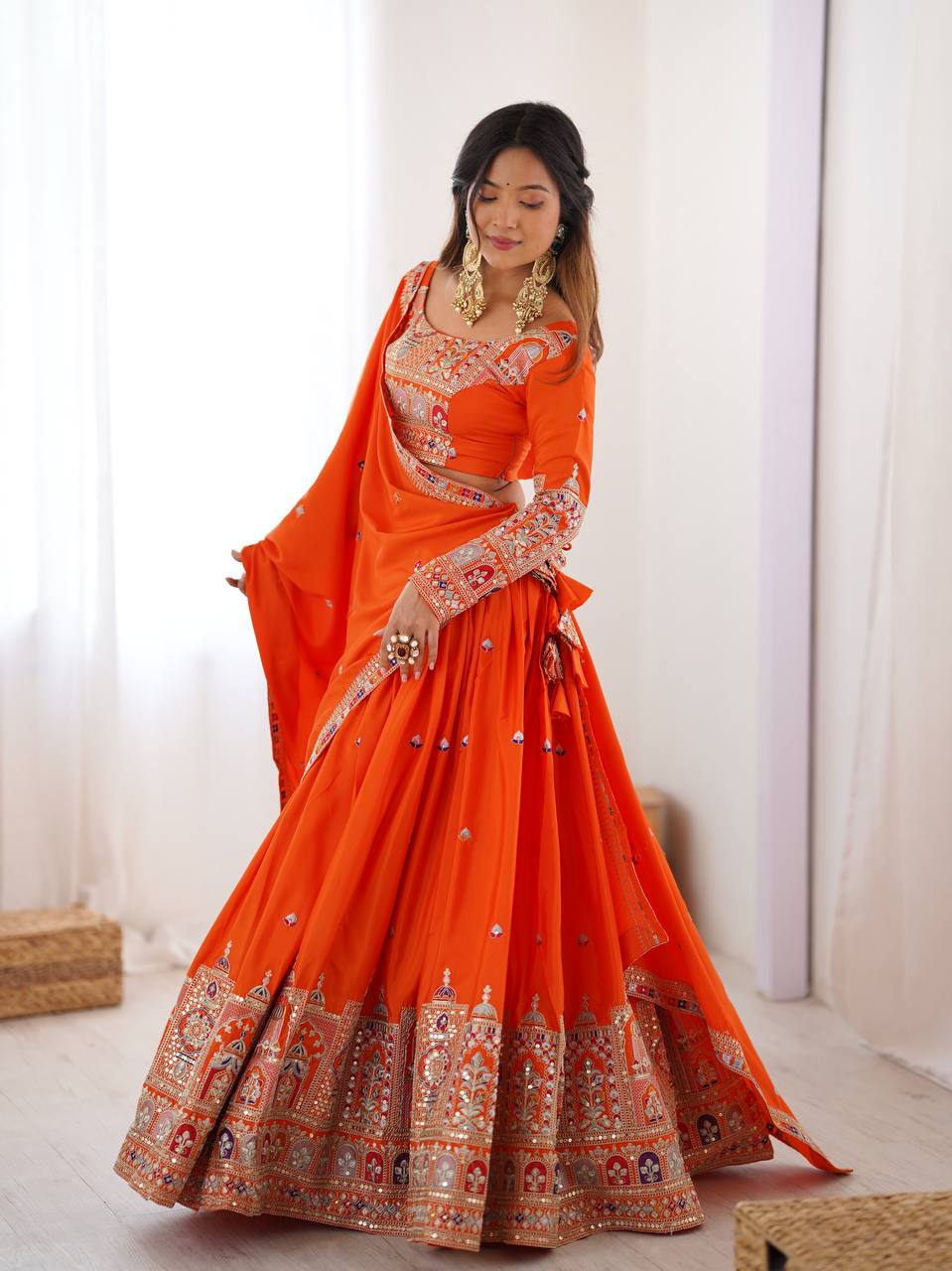 Orange Color Crep Silk Embroidered Semi Stitched Lehenga Choli