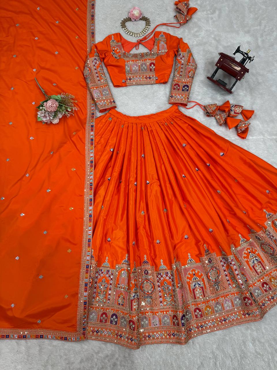 Orange Color Crep Silk Embroidered Semi Stitched Lehenga Choli