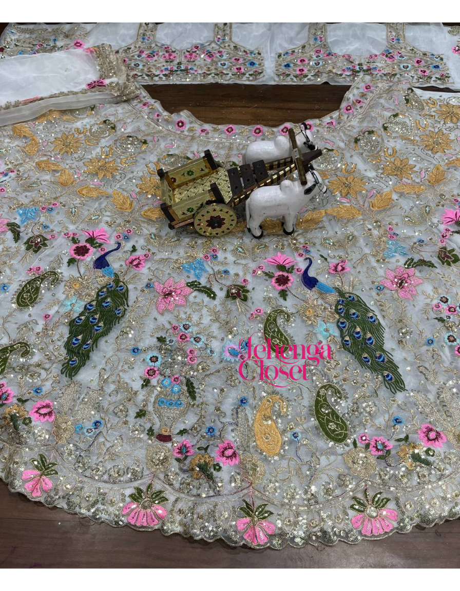 Wedding Wear Organza Silk Peacock Work Lehenga Choli