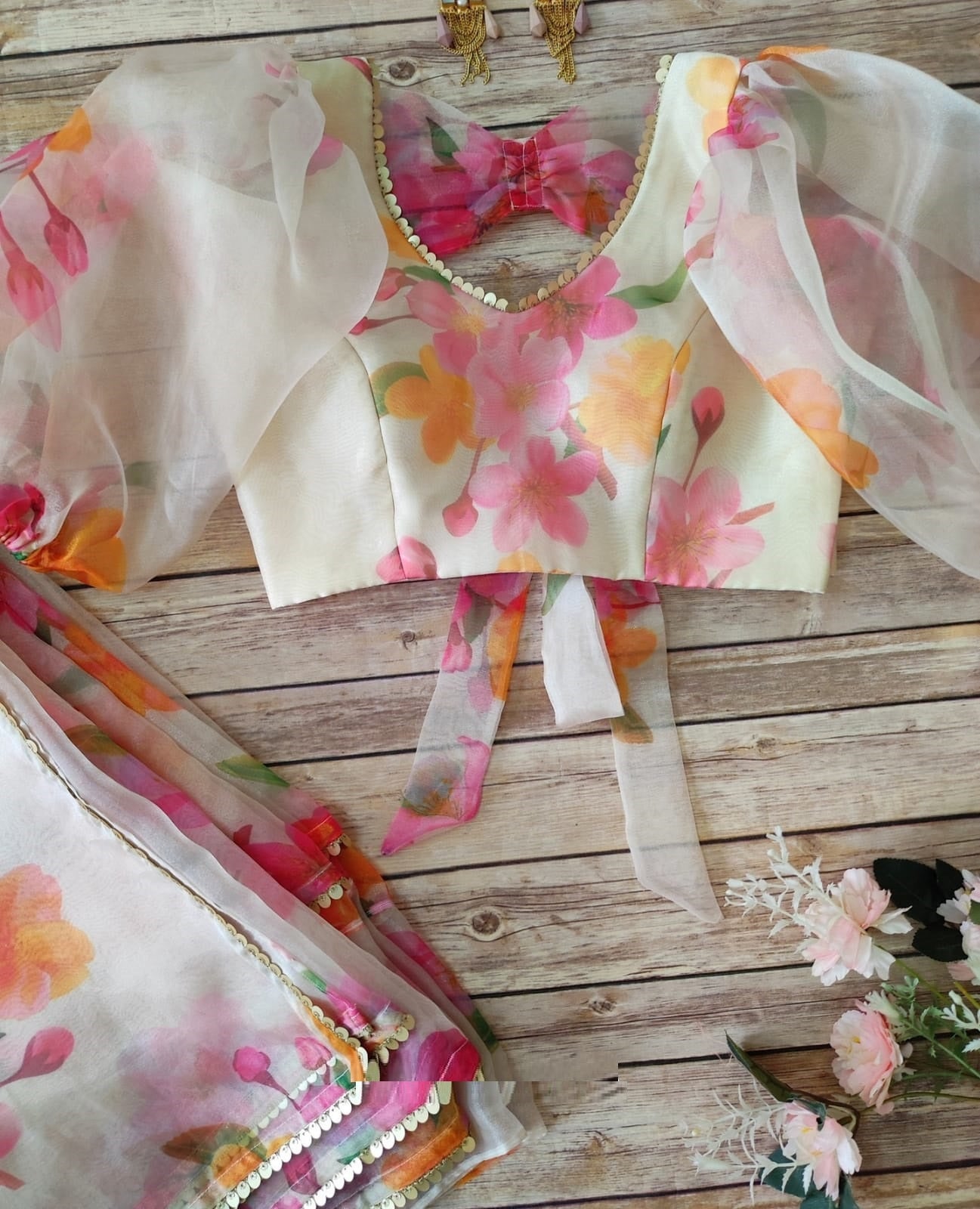 Adorable Dual Color Organza Silk Print Saree Blouse For Women