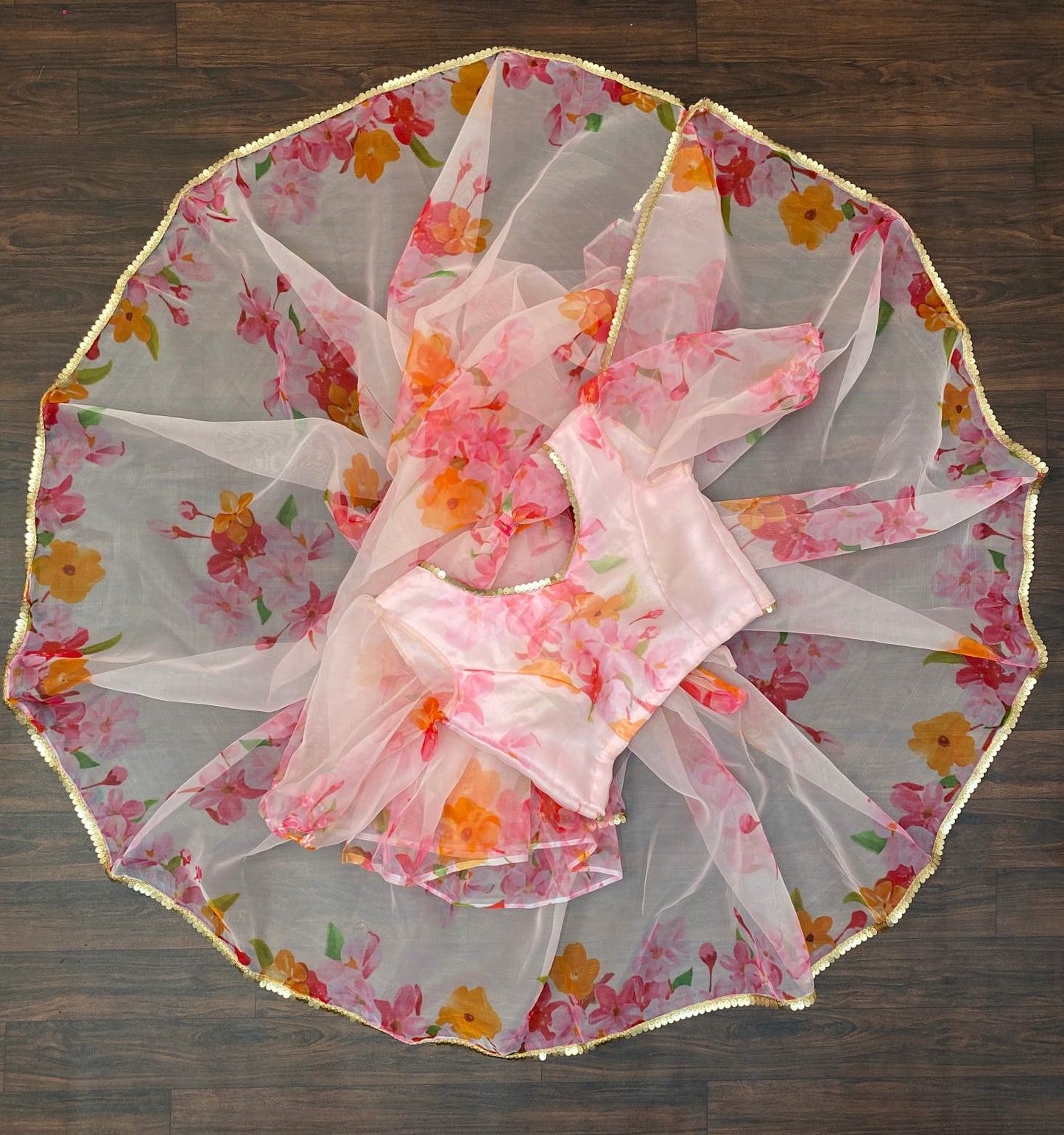 Adorable Dual Color Organza Silk Print Saree Blouse For Women
