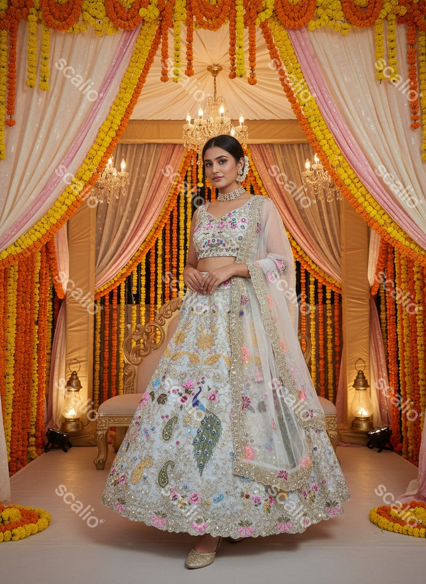 Wedding Wear Organza Silk Peacock Work Lehenga Choli