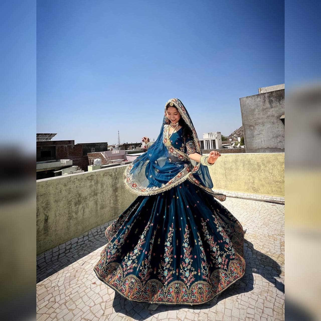 Steel Blue Foux Gorgette Thread Parrot Work Design Lehenga Choli