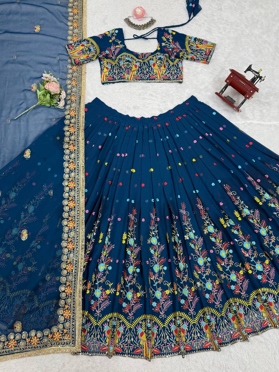 Steel Blue Foux Gorgette Thread Parrot Work Design Lehenga Choli
