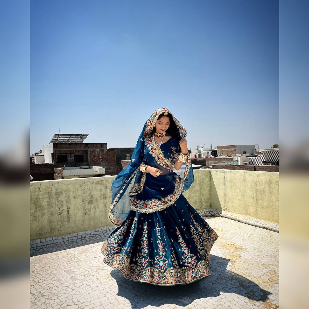 Steel Blue Foux Gorgette Thread Parrot Work Design Lehenga Choli