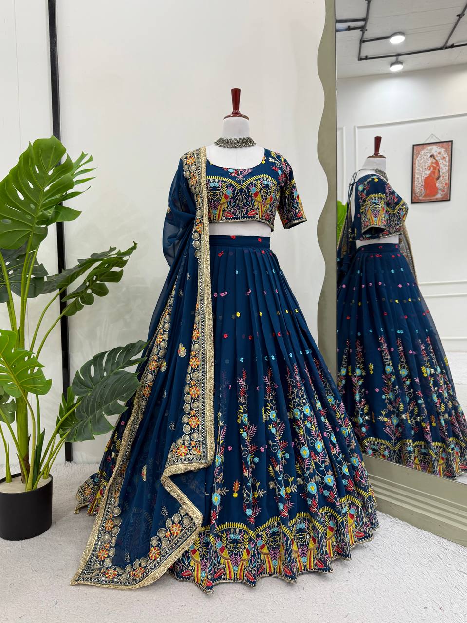 Steel Blue Foux Gorgette Thread Parrot Work Design Lehenga Choli