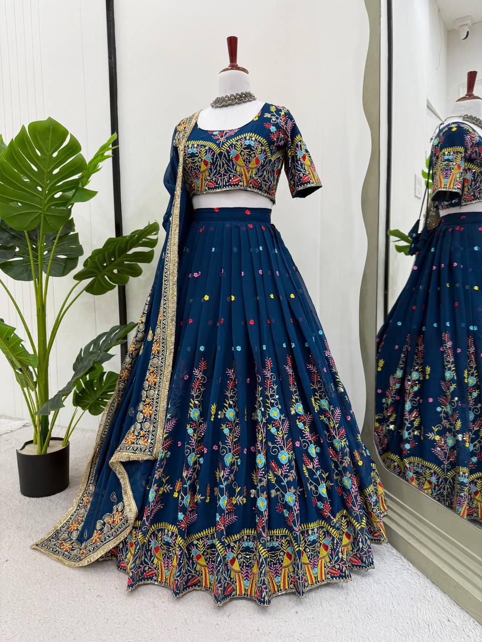 Steel Blue Foux Gorgette Thread Parrot Work Design Lehenga Choli