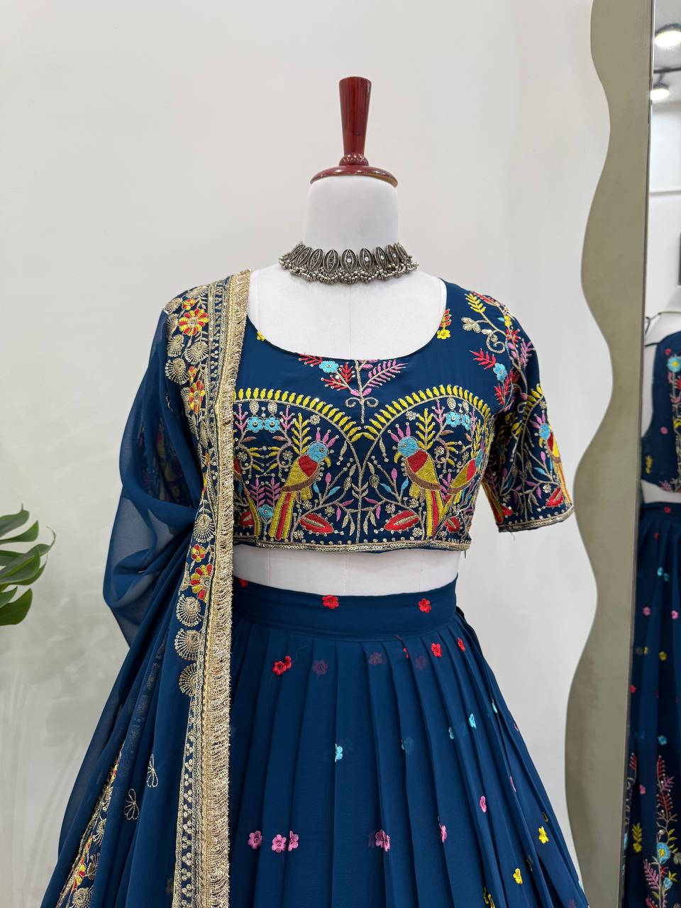 Steel Blue Foux Gorgette Thread Parrot Work Design Lehenga Choli