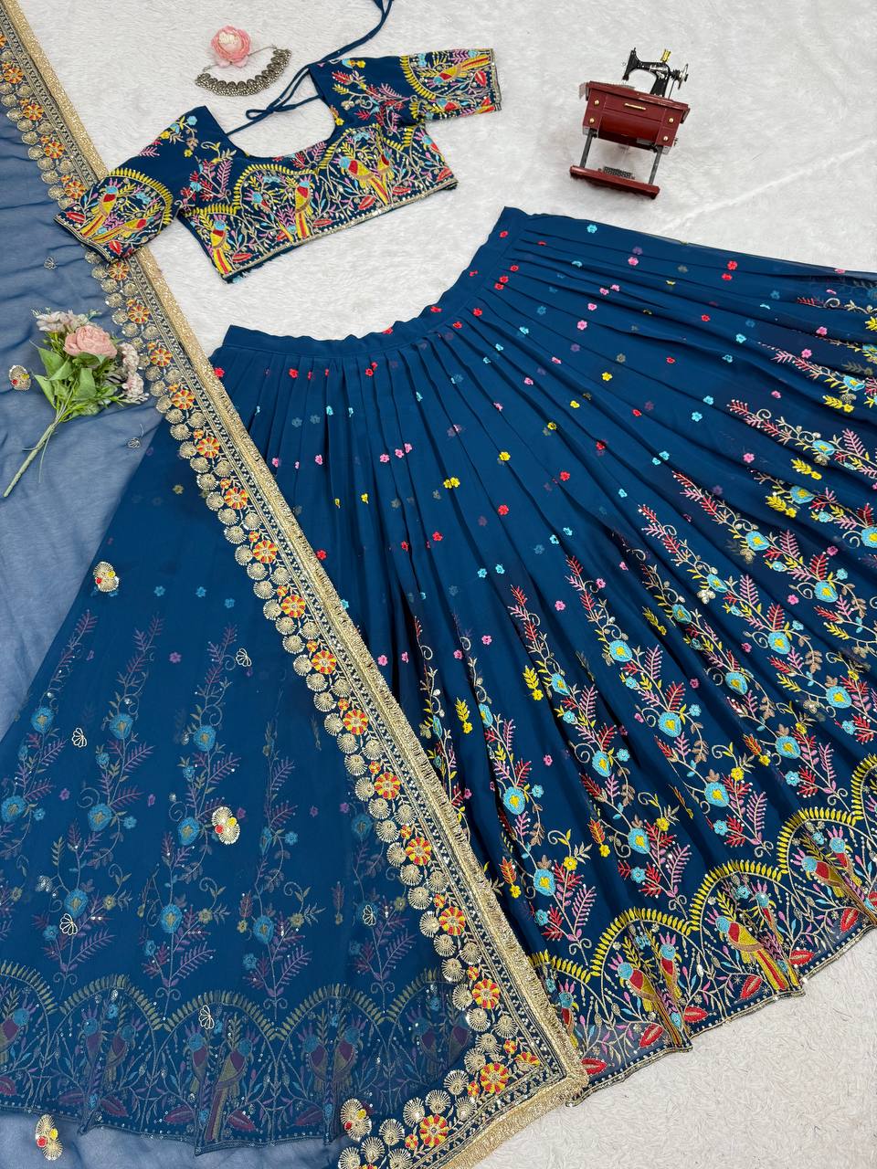 Steel Blue Foux Gorgette Thread Parrot Work Design Lehenga Choli