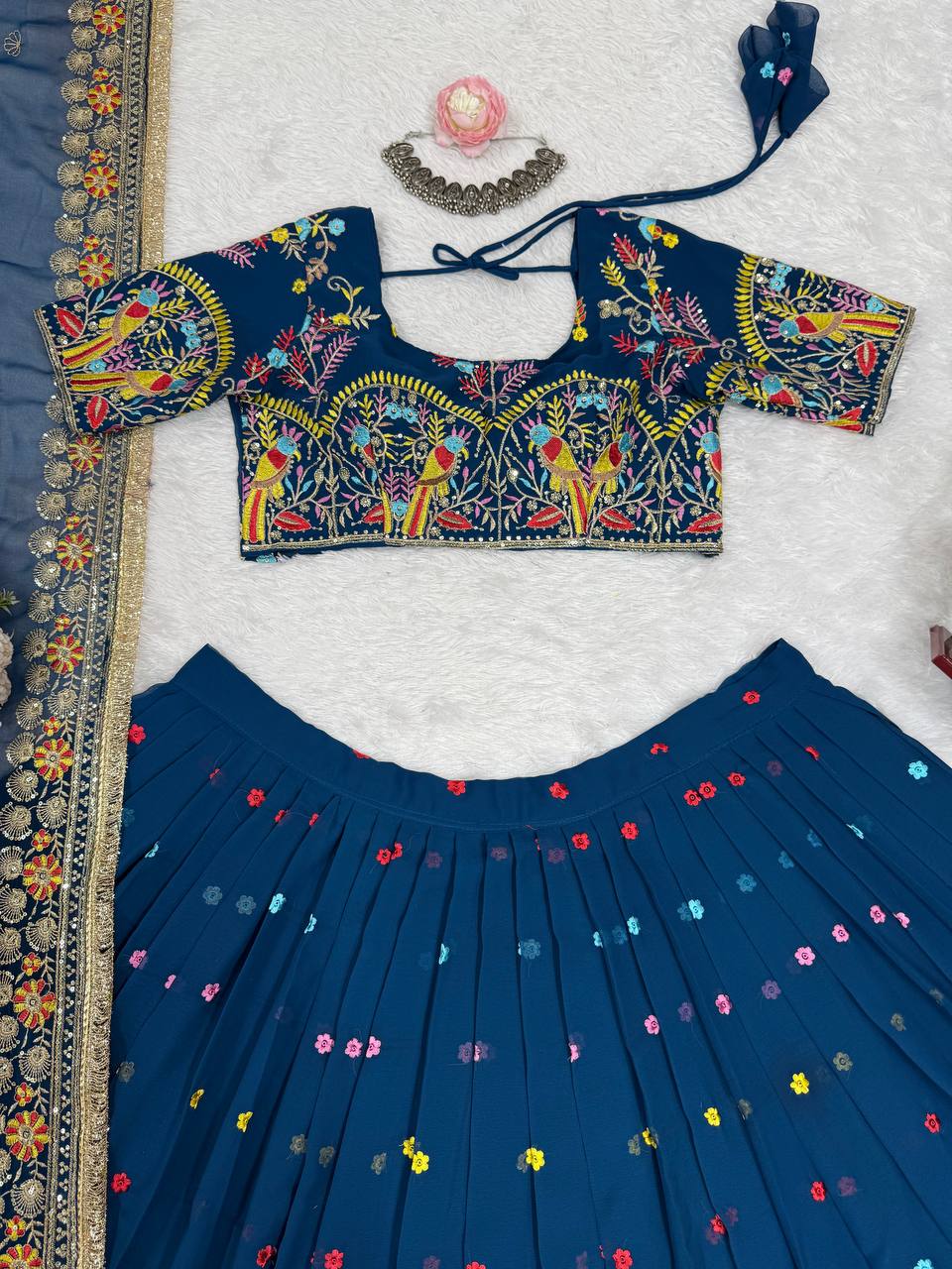 Steel Blue Foux Gorgette Thread Parrot Work Design Lehenga Choli