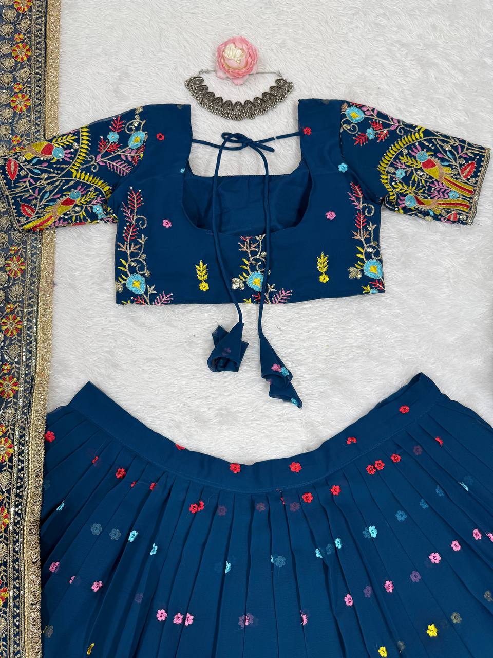 Steel Blue Foux Gorgette Thread Parrot Work Design Lehenga Choli