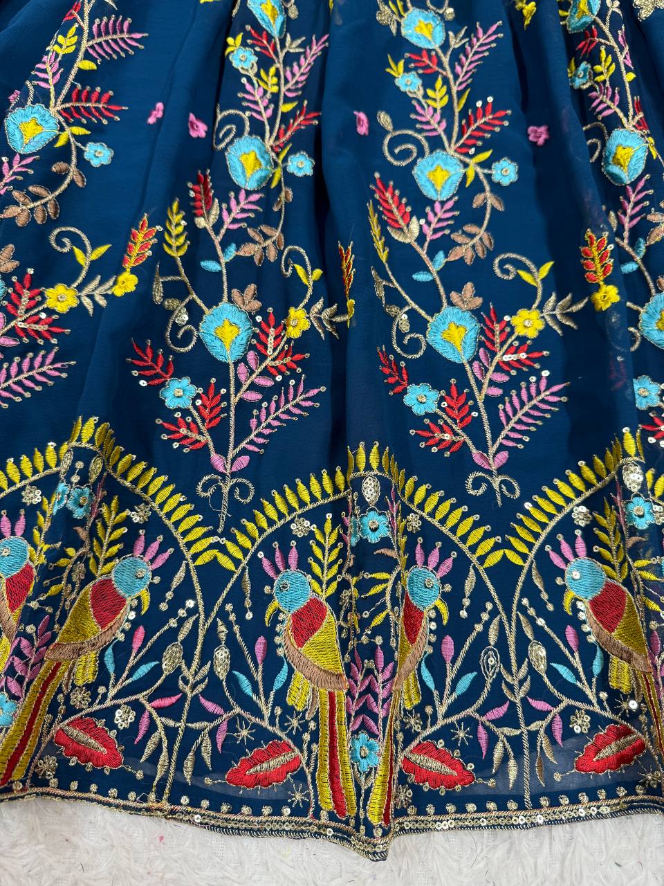 Steel Blue Foux Gorgette Thread Parrot Work Design Lehenga Choli