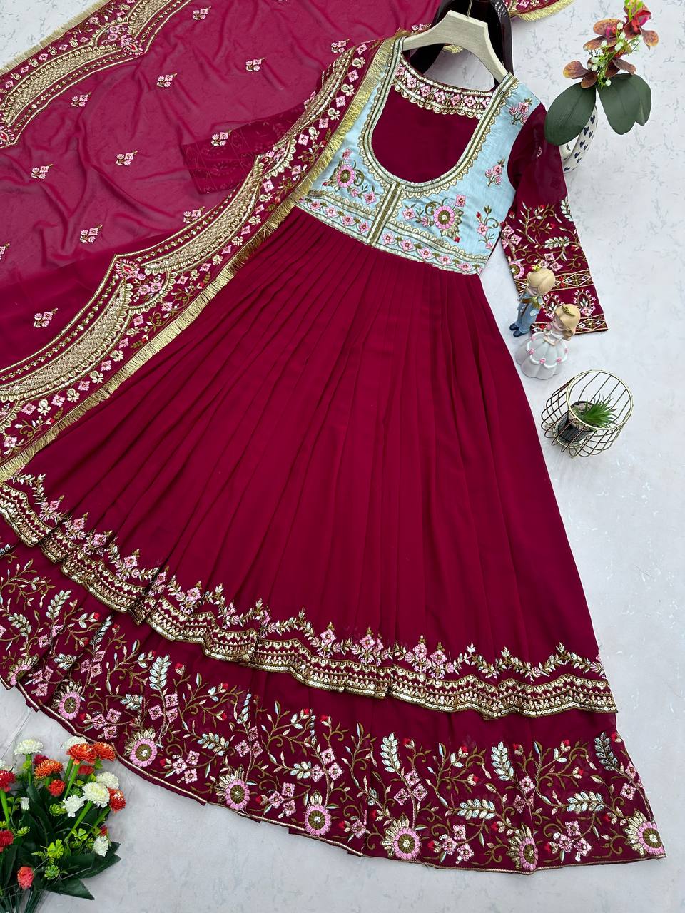 Fully Stitched Georgette Sequence Work Double Layer Gown With Dupatta