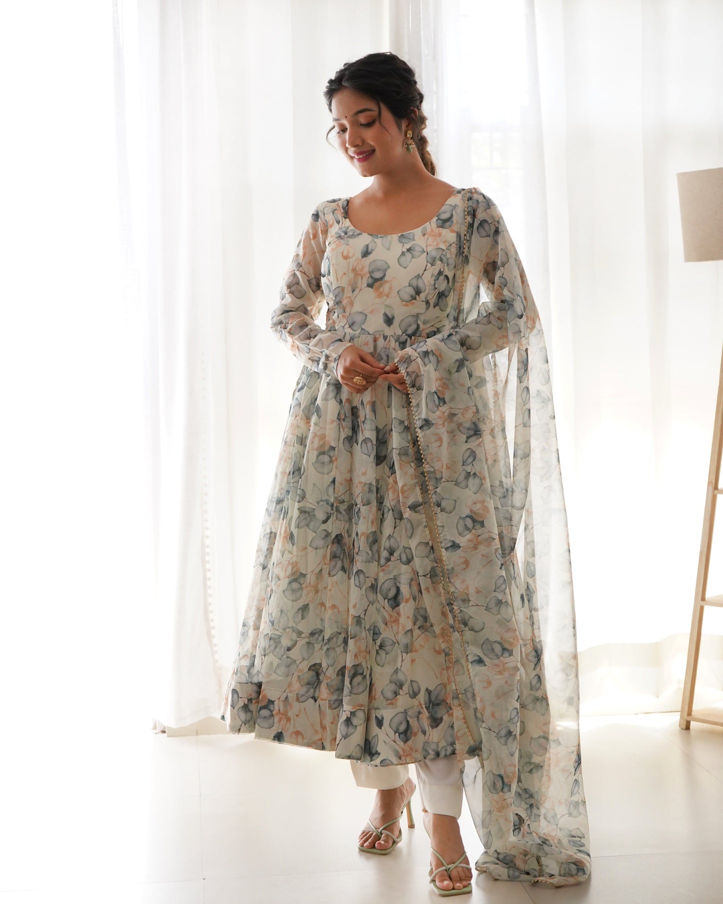 Amazing Readymade Organza Silk Floral Print Anarkali Gown Set
