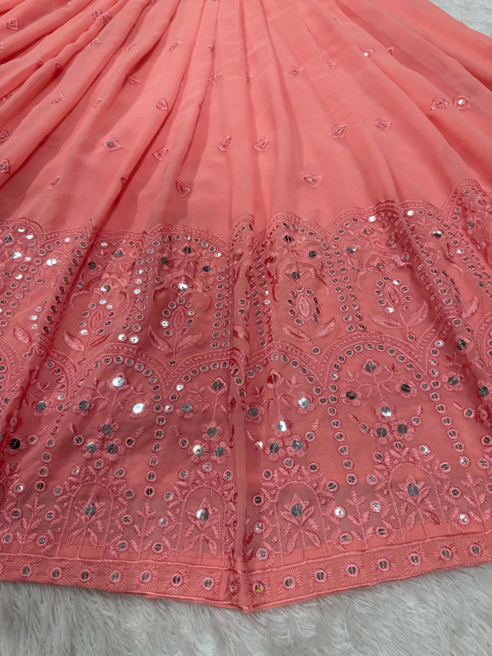Peach Color Georgette Semi Stitched Embroidered Lehenga Choli