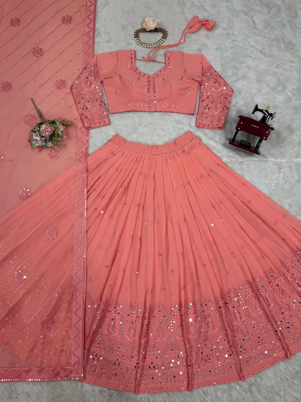 Peach Color Georgette Semi Stitched Embroidered Lehenga Choli
