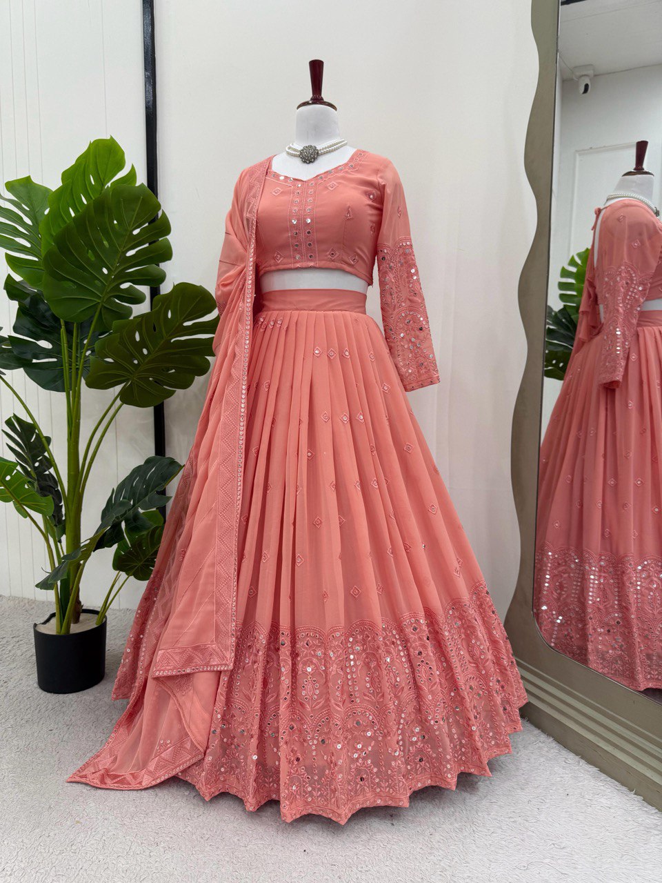 Peach Color Georgette Semi Stitched Embroidered Lehenga Choli