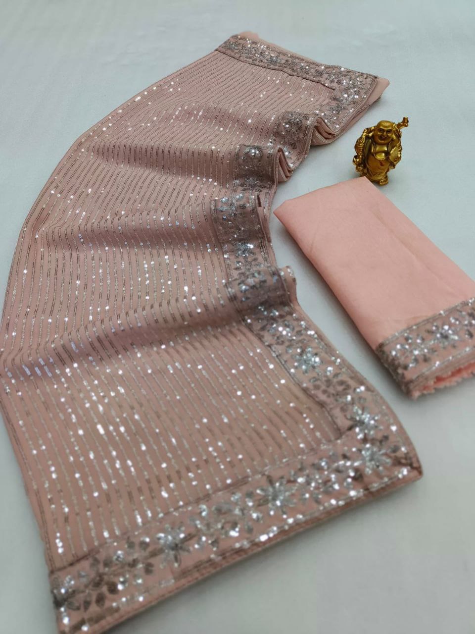 Appealing Peach Color Festive Wear Georgette Sequence Work Saree Blouse