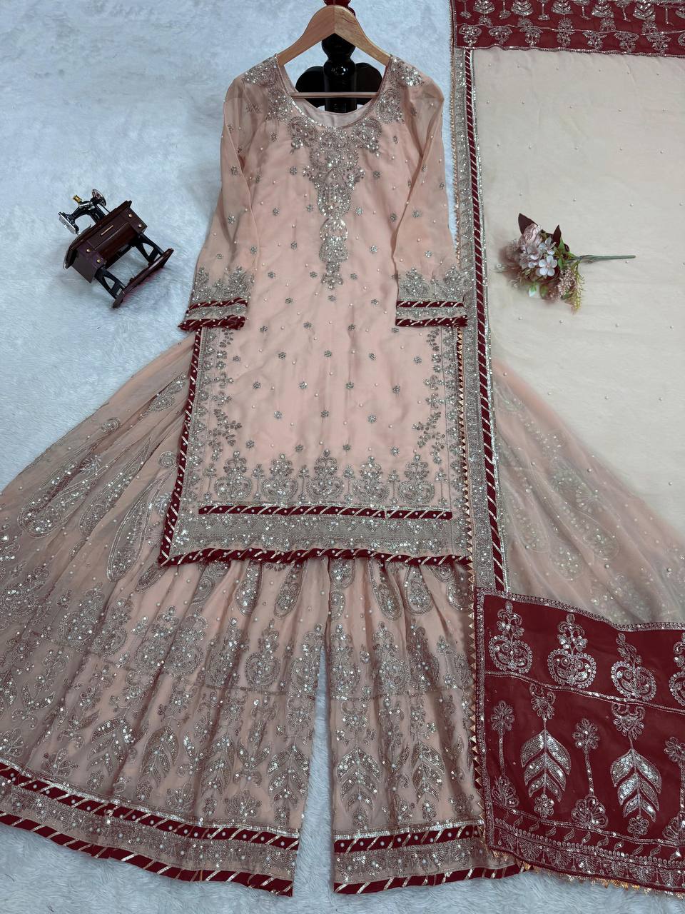 Peach Color Fully Stitched Georgette Sharara Suit